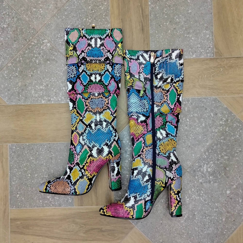 Rainbow Faux Snakeskin Knee High Boots